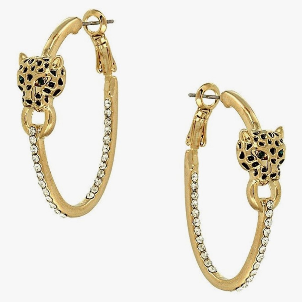 Gold-tone Leopard Head Oval Hoop Earrings w/ Rhinestone Crystals